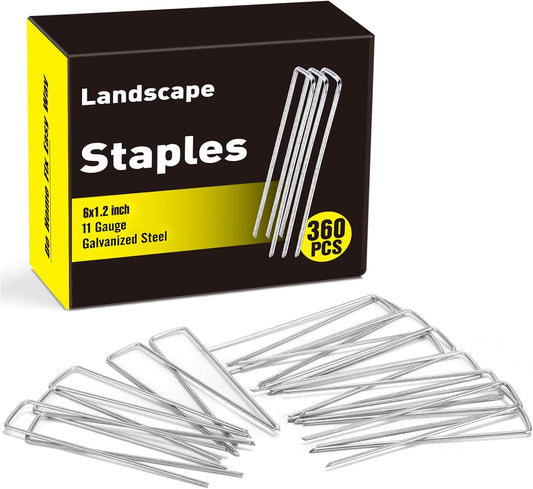 HongWay 360 Pack 6 Inch Landscape Staples, Galvanized Garden Staples 11 Gauge Ground Stakes Landscaping Fabric Pins Plant Cover Stakes Yard Staples for Lawn Fence Tent Hose Drip Irrigation Tube
