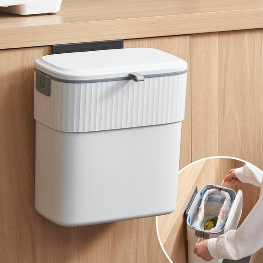 Hanging Trash Can with Lid, 2.3 Gallon Kitchen Garbage Bin Food Waste Container Convenient Durable Over Cabinet Door RV Counter Camping Cupboard Under Sink Compost Bathroom Wall Mounted