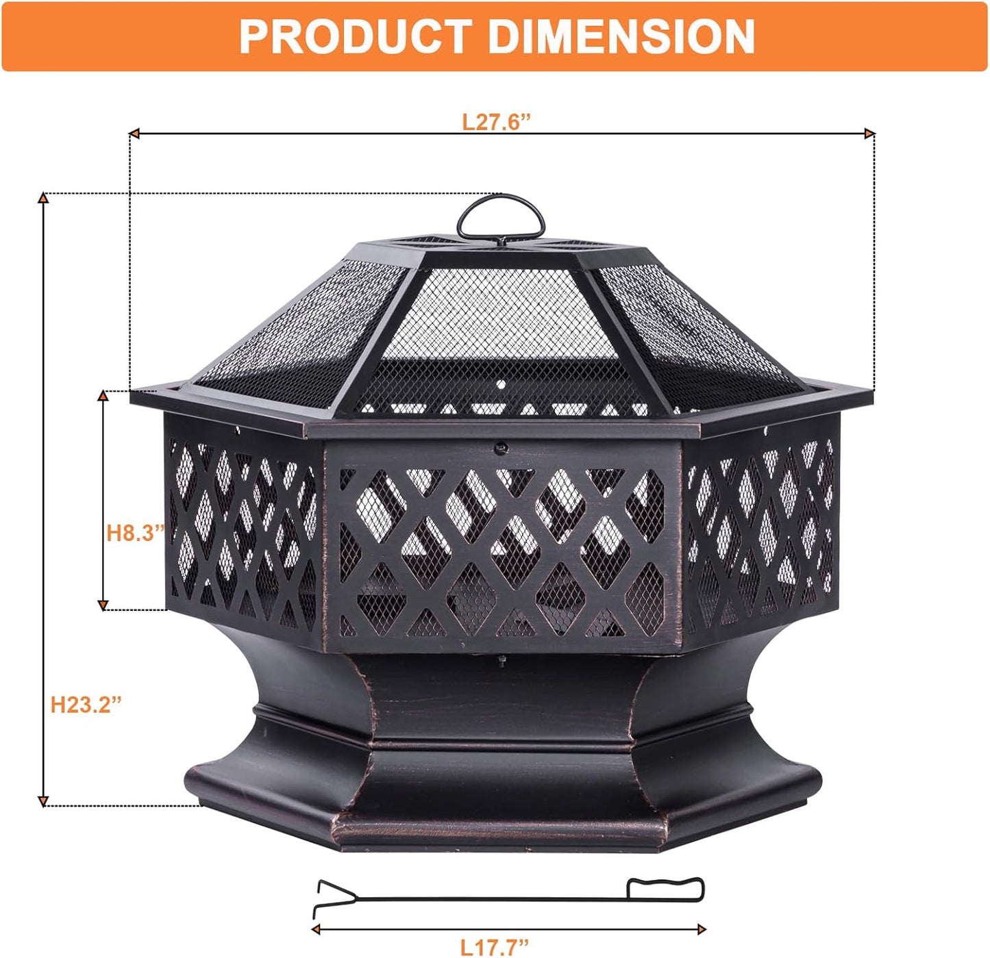 28Inch Outdoor Fire Pit, Hexagon Shaped Wood Burning Firepit for Outside Bonfire, Patio, Backyard and Camping (Antique Bronze)