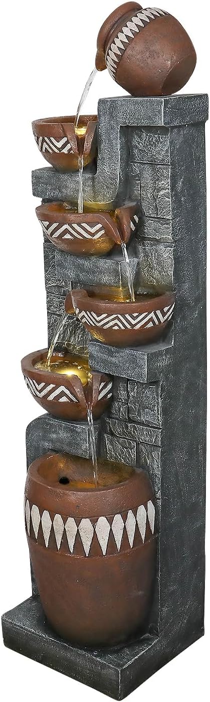 56.6" H 6-Tier Outdoor Water Fountain with LED Lights - Tall Cascading Jars Waterfall Feature with Tribal-Inspired Design for Garden, Patio, Yard, and Home Décor
