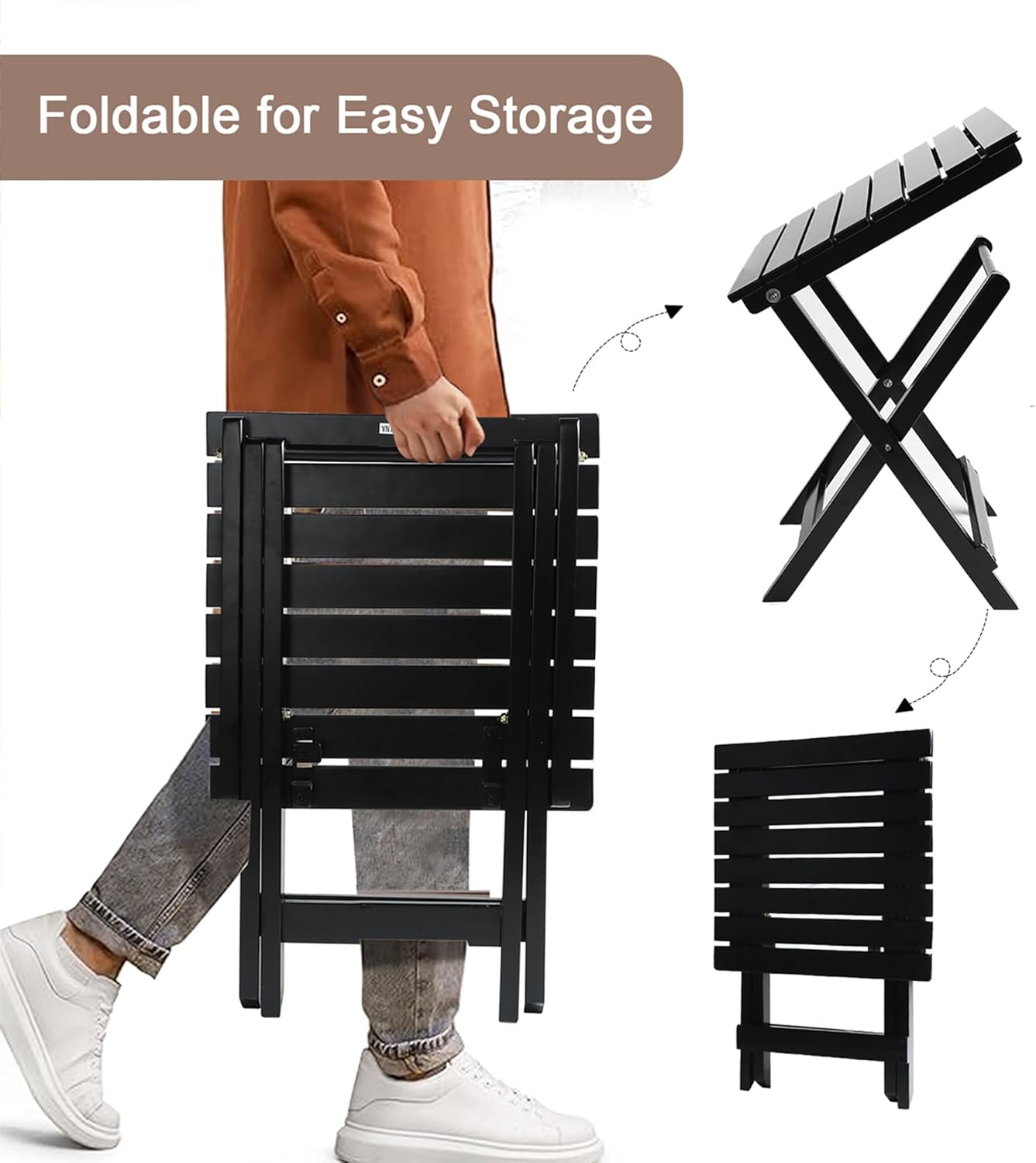 Small Wood End Square Table Outdoor Patio Side Folding Table Coffee Furniture for Living Room, Bedroom, Plant Stand, Camping Portable Black