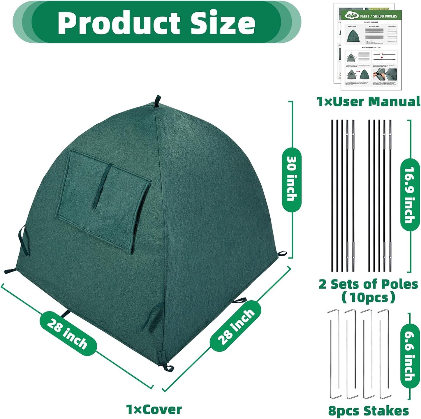 Plant Cover Freeze Protection Blanket, 28''x28''x30'' Outdoor Garden Fabric Cover with Poles and Stakes for Winter Frost, Shade Cloth Plant Guard for Shrubs, Small Trees, Green