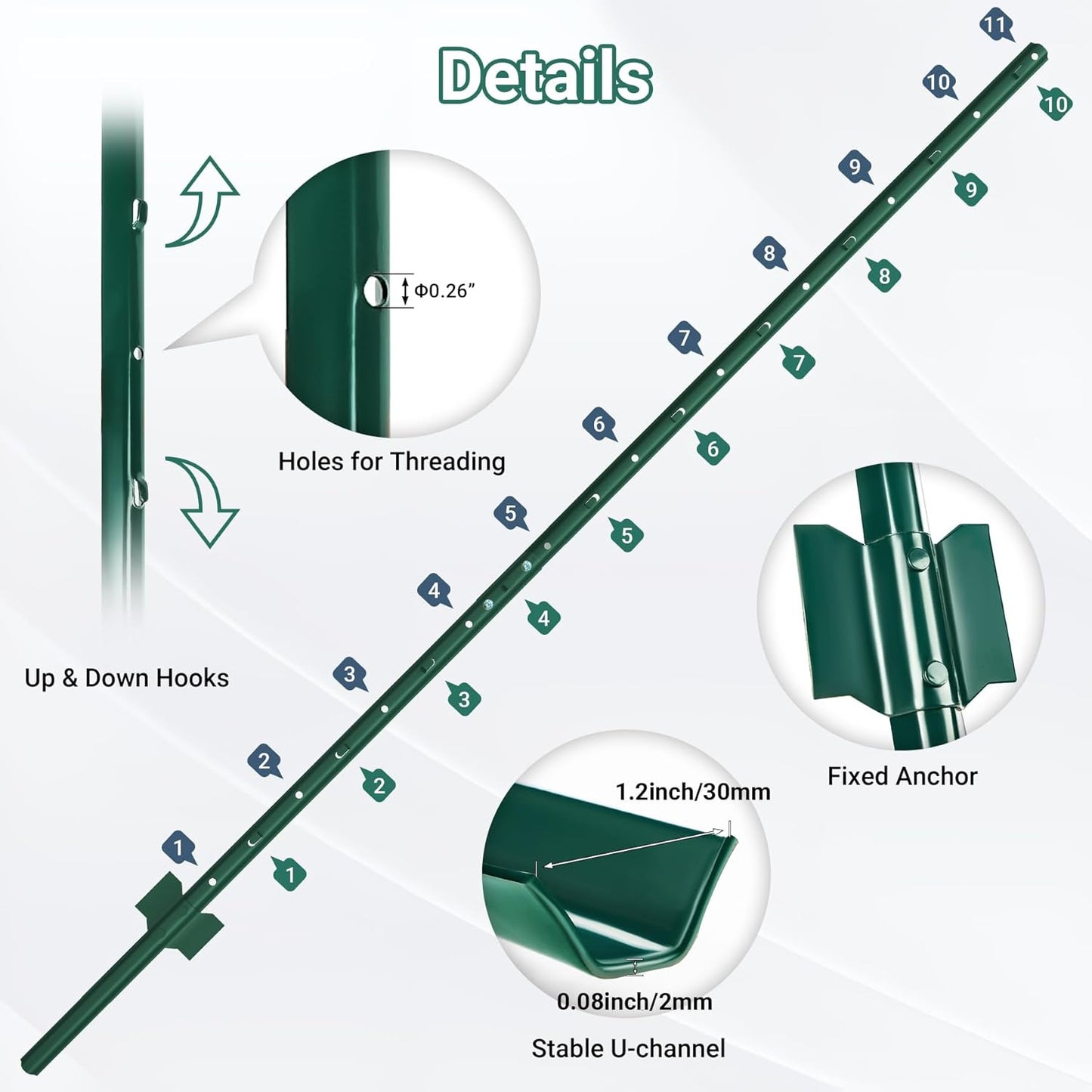 Fence Posts 6 Ft - 16 Pack, Requires Manual Assembly, Heavy Duty Metal Fence Post, No Dig U Post for Farm, Garden, Orchard and Outdoor Wire Fencing (Green)