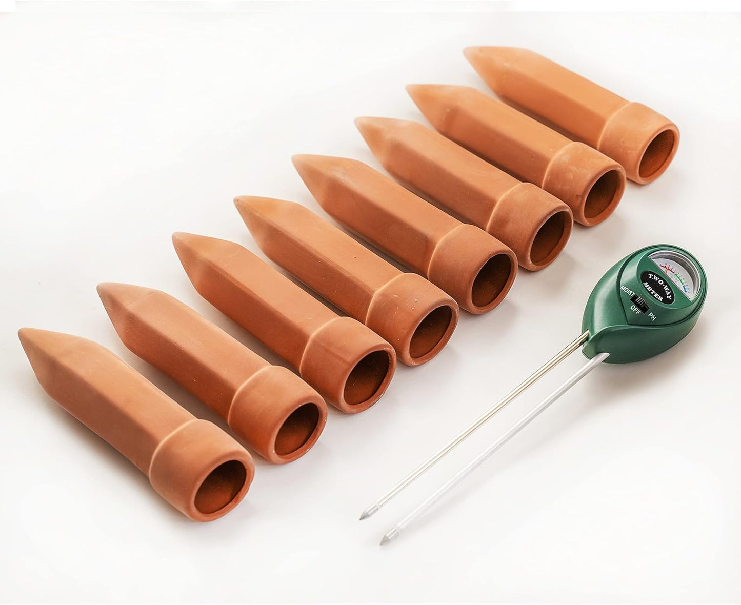 8 Pcs Plant Watering Devices - FREE Moisture + PH Sensor - Plant Waterer Self Watering Terracotta Spikes - Self Watering Planter Insert - Water Your Indoor and Outdoor Plants While On Vacation