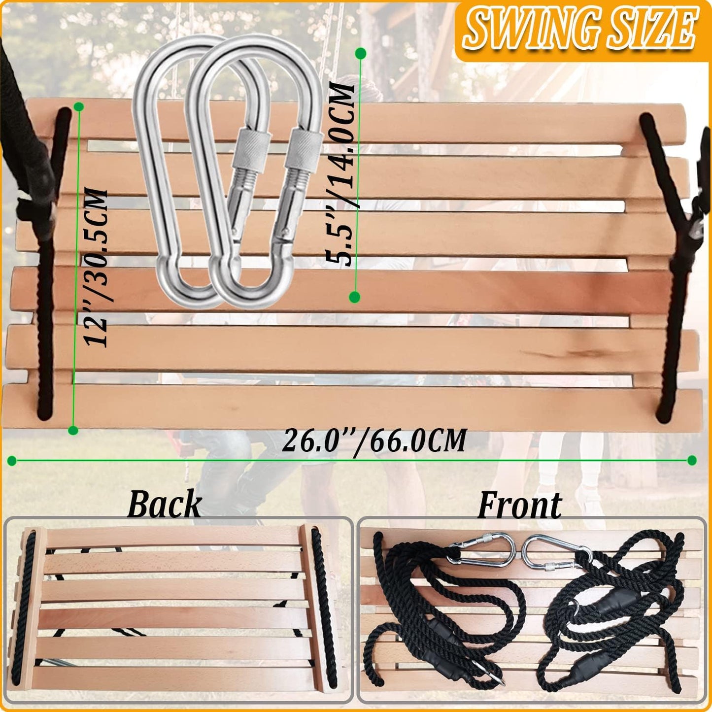 Taeku Adult Tree Swing, Hanging Beech Wood Swings with Adjustable Rope Garden Chair Seat Swing for Indoor Outdoor (26''x12'')