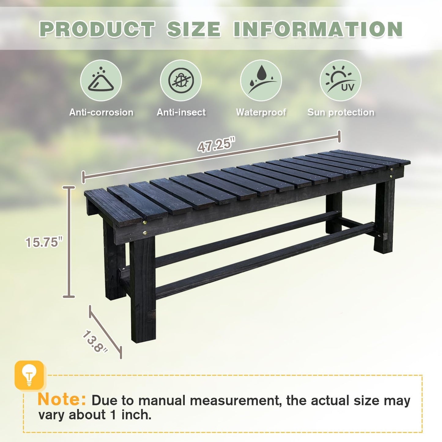 Outdoor Garden Bench, 3-Person Wood Patio Bench Weatherproof Outdoor Backless Bench, Anti-Corrosion and Anti-Rust Garden Benches for Garden Lawn Porch Park Backyard (Black,47.25''/120cm)