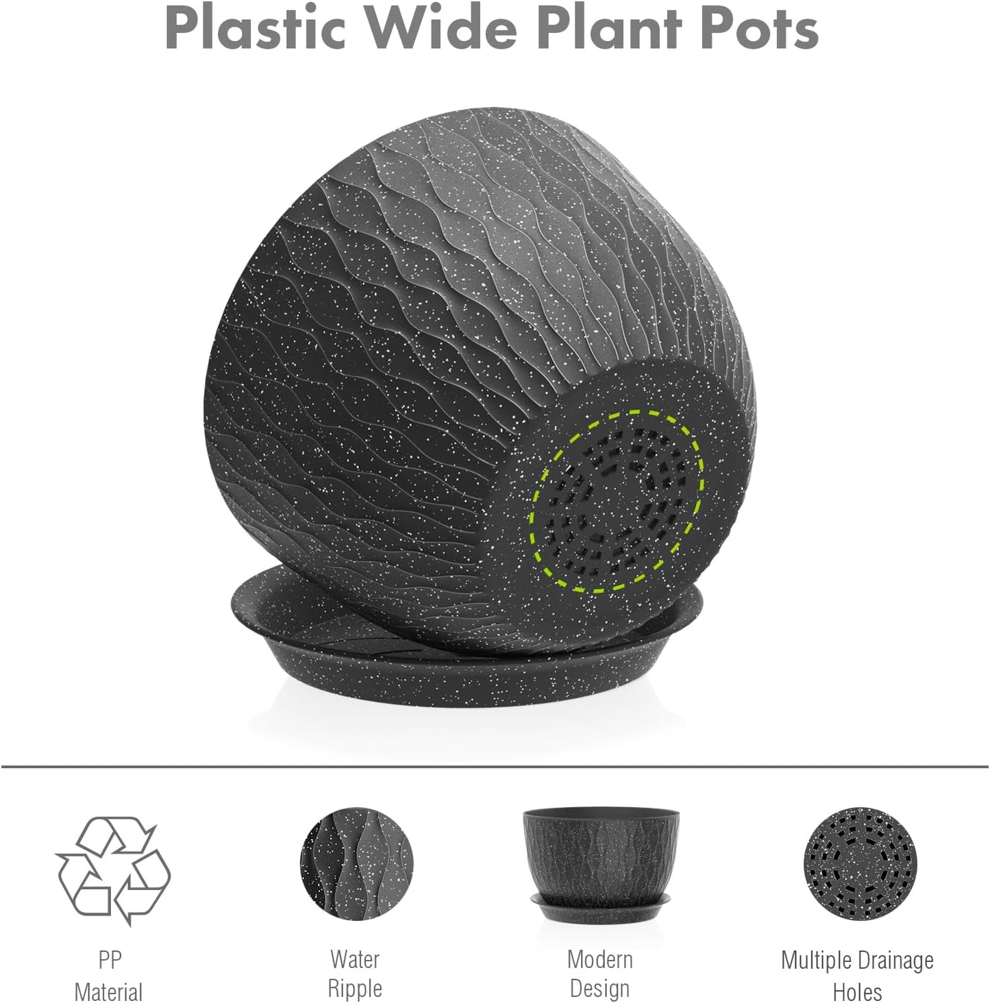 12/10/9 inch Large Flower Pots, 3 Set Big Plant Pots for Outdoor Indoor Plants with Water Ripples, Wide Plastic Planters with Drainage Holes and Saucers for Garden House Plants, Speckled Black