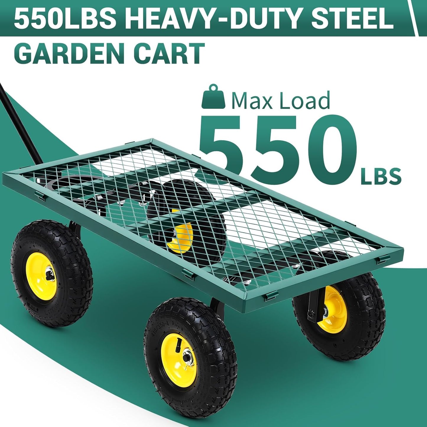 Heavy Duty Steel Garden Cart, 550LBS Pullable Metal Garden Wagon with 10" Wheels, 180° Rotating Handle and Removable Sides for Outdoor, Farm, Yard, Beach ﻿