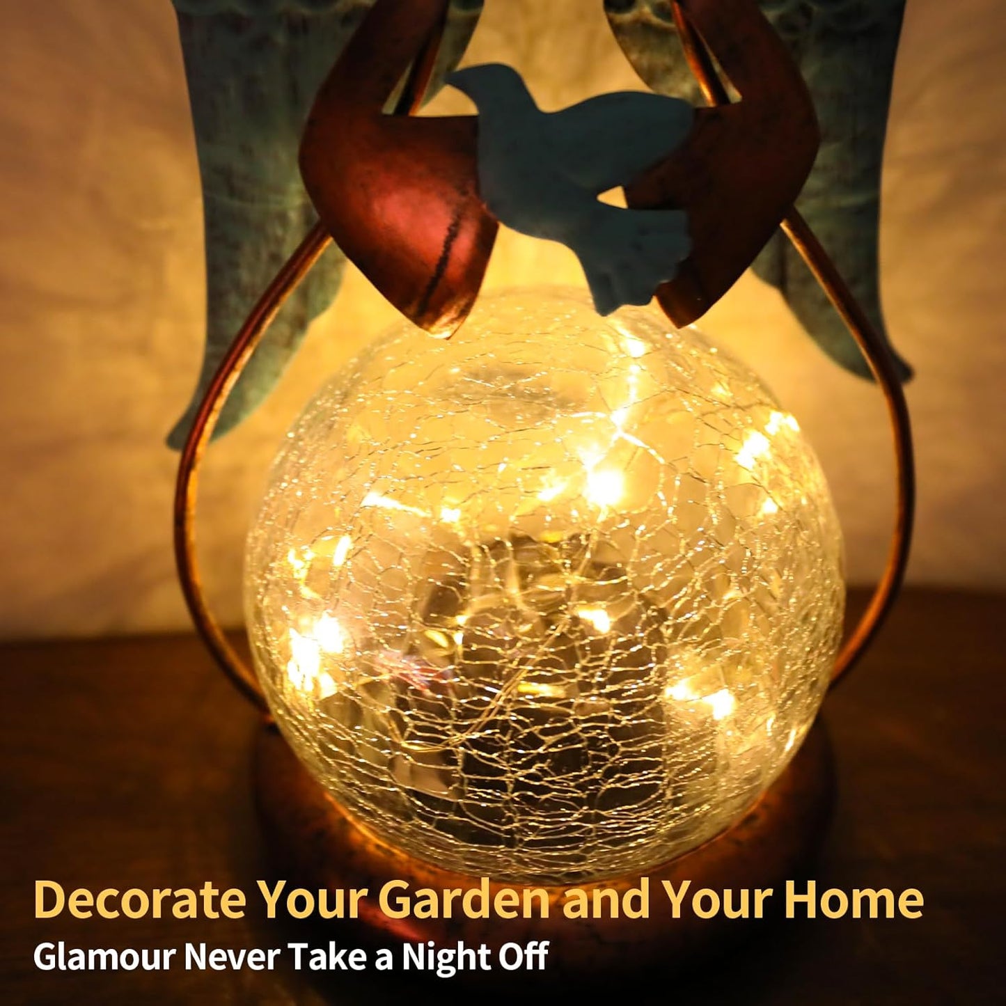 MUMTOP Angel Solar Lights Outdoor Garden - Solar Lanterns Light Decorative Waterproof with Glass Cracked Globe Tabletop Lantern Lamp Ornaments for Yard Patio Decor Gift (Hold Dove)
