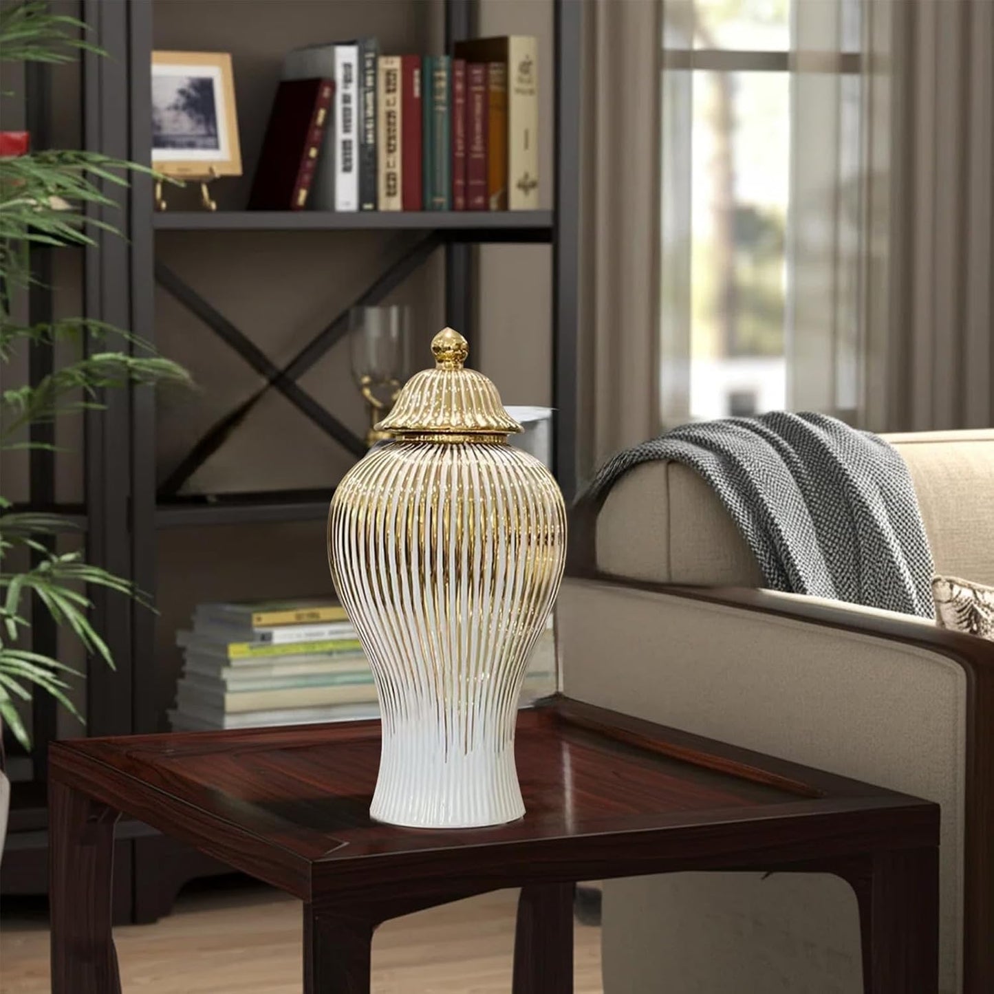 Ginger Jar, White Gold Ceramic Vase Large Handmade Porcelain Vases with Lid, White Gold Decorative Flower Vase for Home, Living Room, Weddings, Centerpieces (B-Medium)