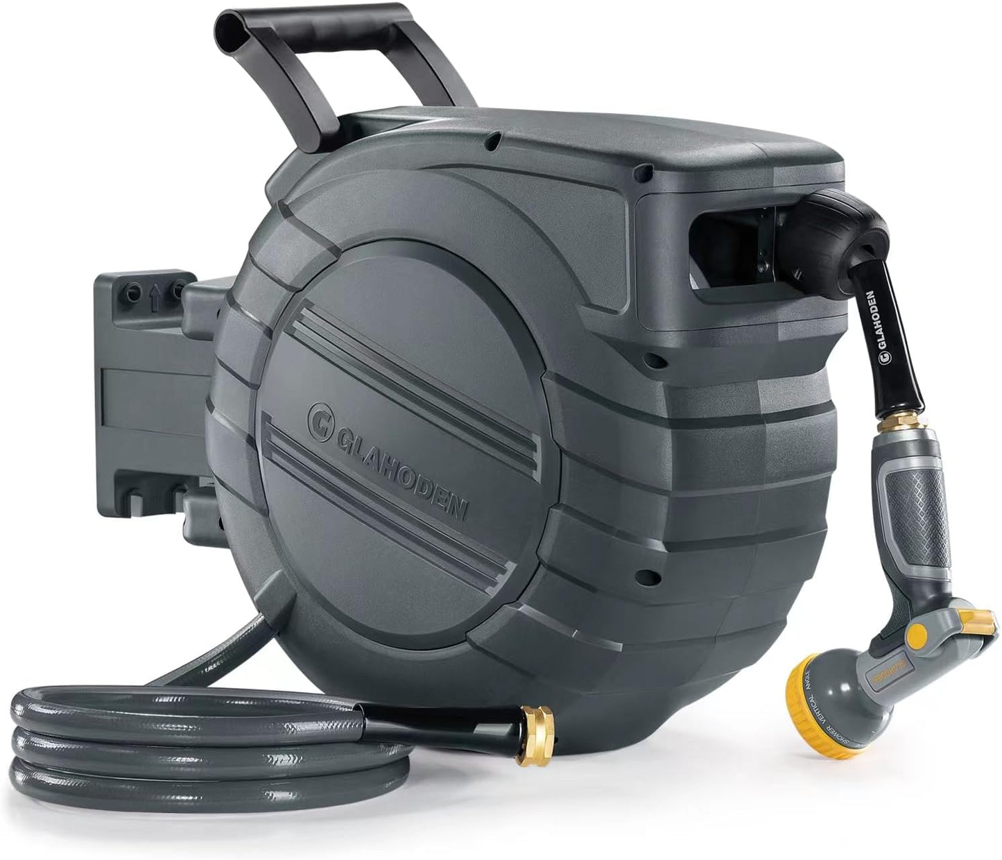 Retractable Garden Hose Reel 5/8 in x 90 ft, 2025 Upgraded Dual Ratchet Lock UV & Freeze Protection Brass Seal Slow Retraction Anti-Tangle Hose 180°Swivel Reinforced Scaffold Wall Mount