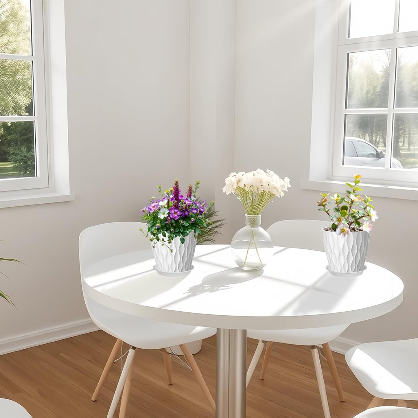 10 Pack 5 Inch Plant Pots with Drainage and Saucers, White Plastic Flower Pots for Indoor and Outdoor Plants, Stackable Nursery Planters for Houseplants and Herbs, White