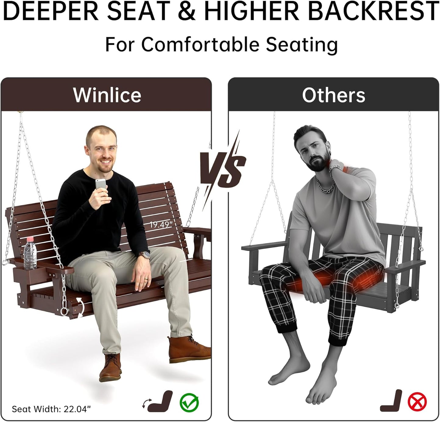 Wooden Outdoor Porch Swings, 2 Seater Front Porch Swing with Upgraded 22" Deep Seat, Heavy Duty 880 Lbs Swing Bench Chair for for Patio, Backyard, Garden (Brown, 4 FT)