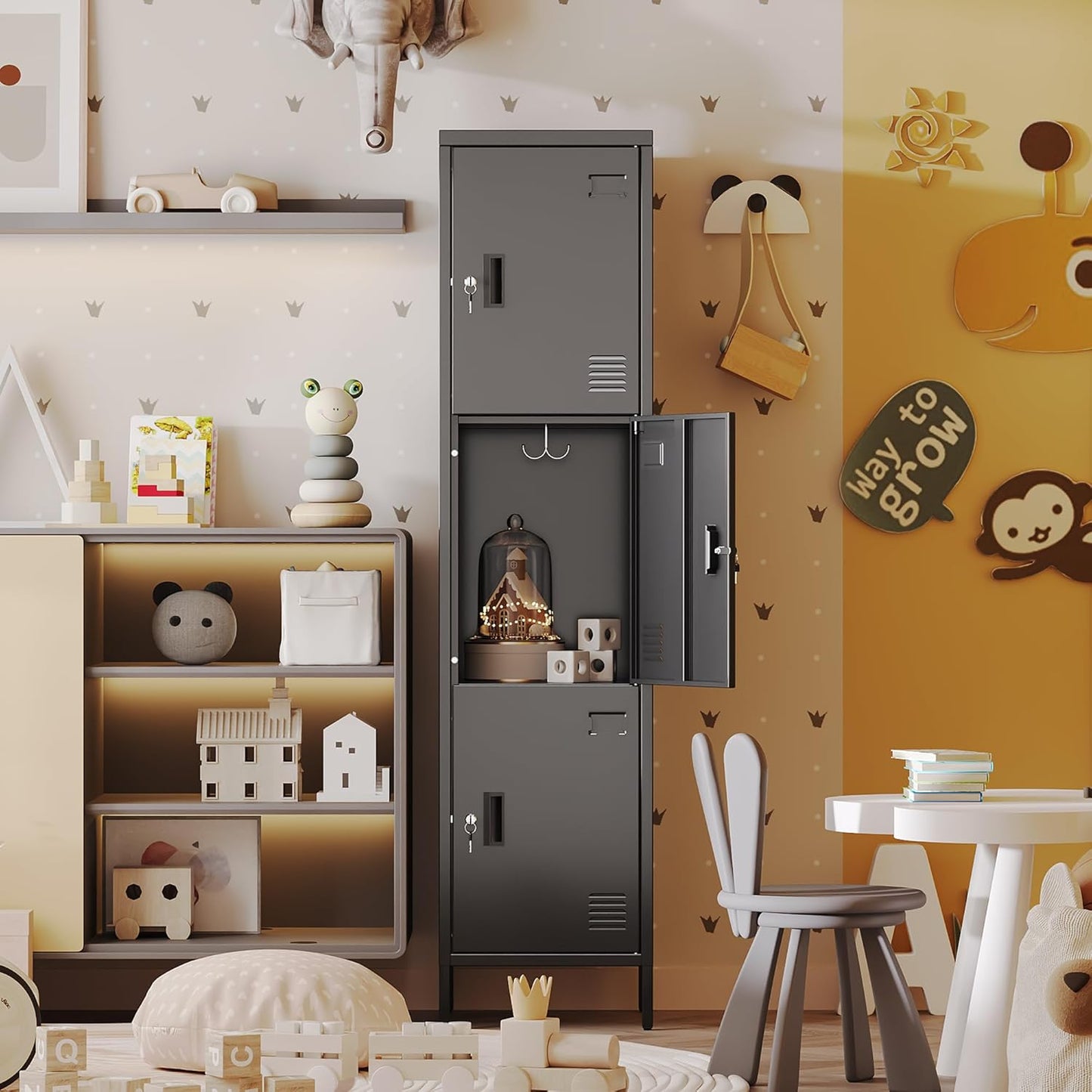 Metal Locker with Hooks and Ventilation Holes,Metal Storage Locker with Keys and Business Card Slot for Home,Gym,Garage,School,Office,66" H×15.75" W× 15.75" D,Assembly Required,Black