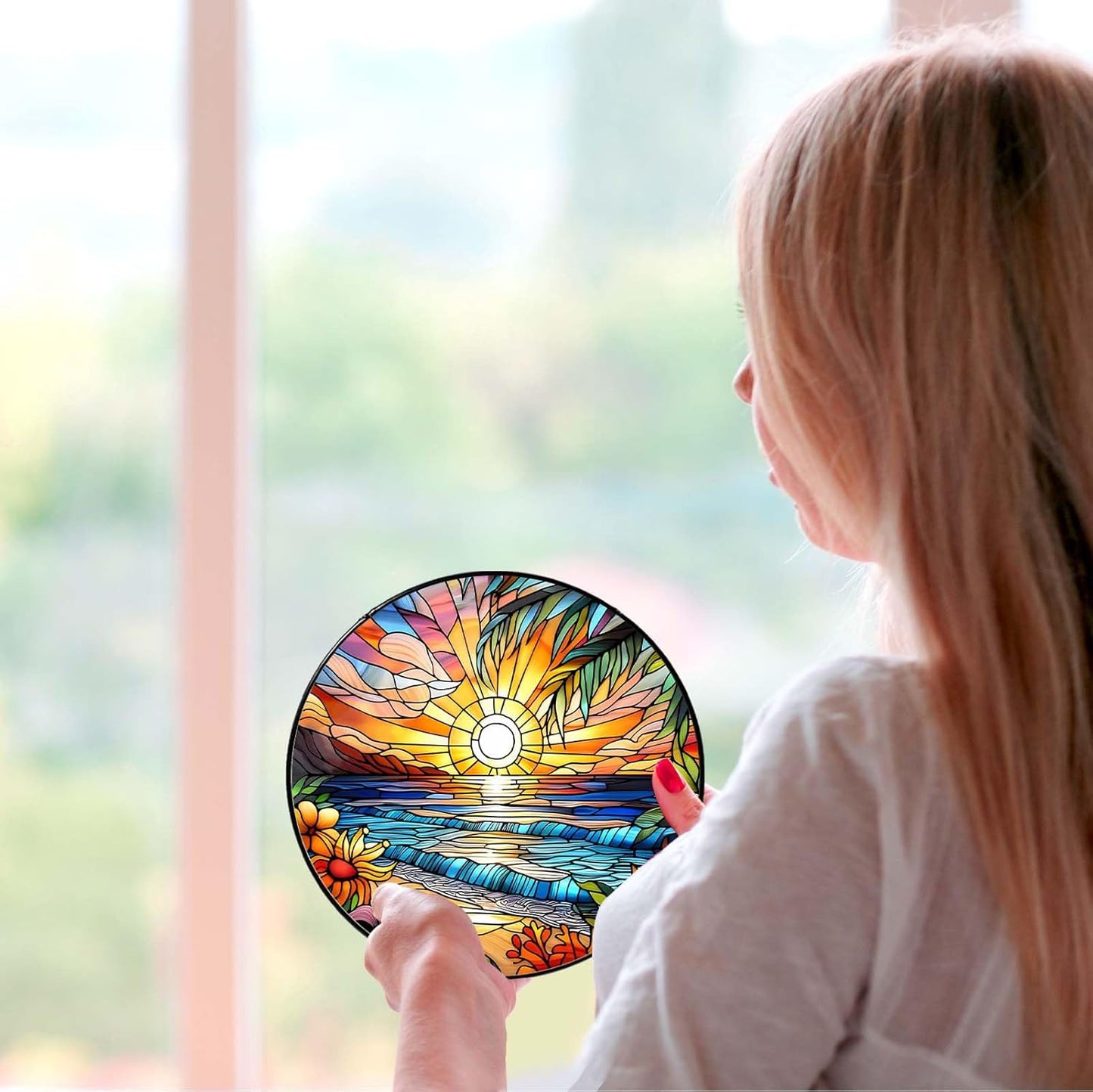 Beach Sunset Sun Catcher Stained Glass Window Hanging Beach Lovers Gifts for Women Wall Decor Landscape Decoration for Home Garden Housewarming Gifts