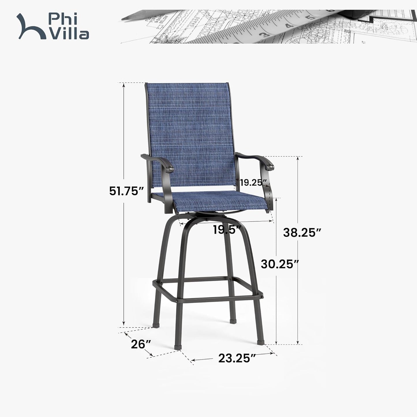 PHI VILLA Outdoor Swivel Bar Stools Set of 6, Bar Height Patio Chairs Furniture with All Weather Textilene Fabric, 30" High Top Bar Chairs for Porch, Blue