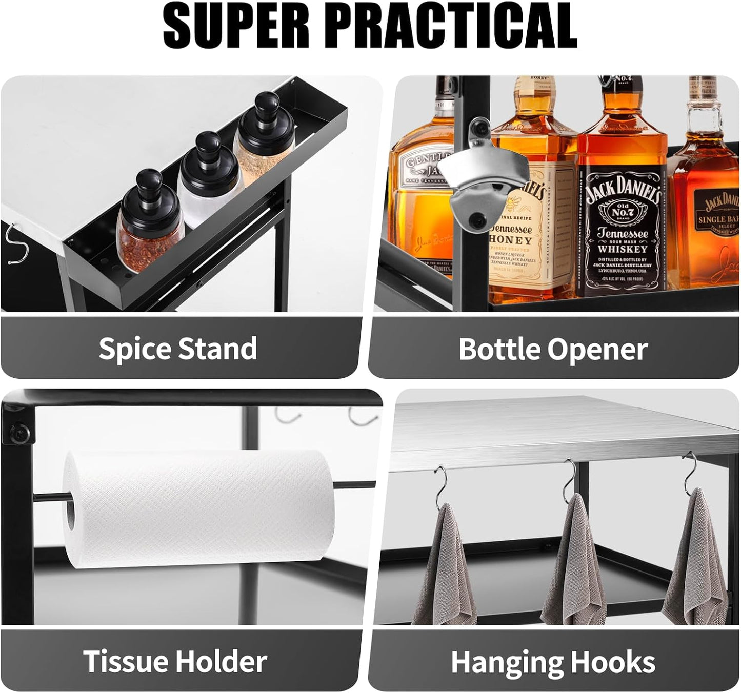 Outdoor Pizza Oven Table,Three-Shelf Outdoor Table with Waterproof Cover, Pizza Oven Stand Tables with Wheels, Movable Outdoor Grill Food Prep Heavy Duty Grill Cart