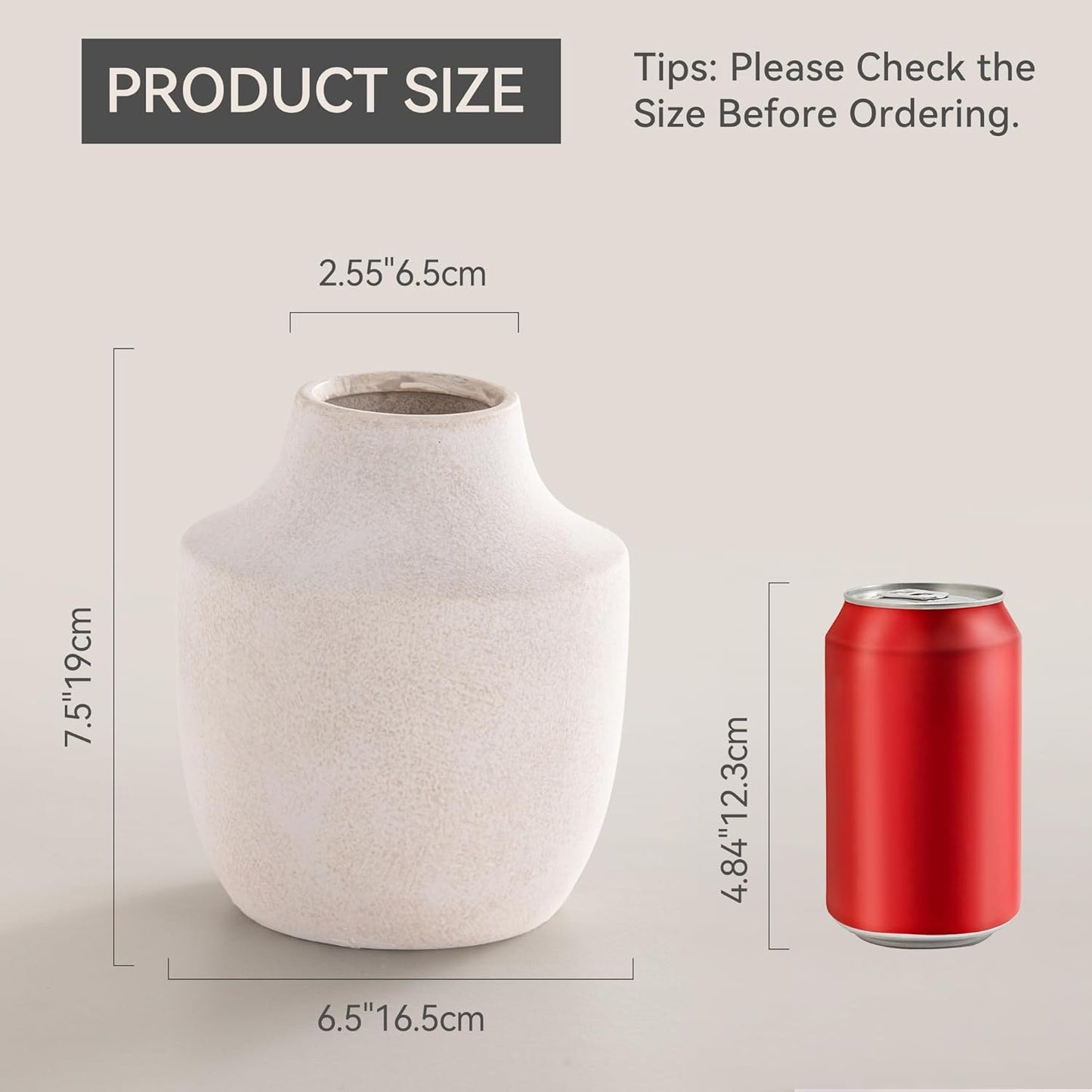 Mitt&Ditt Ceramic Flower Vase, 7.5 inch Off-White Farmhouse Rustic Vase, Handcrafted Weathered Pottery Vases, Small Flower Terracotta Vases for Home Decor, Living Room, Table, Shelf