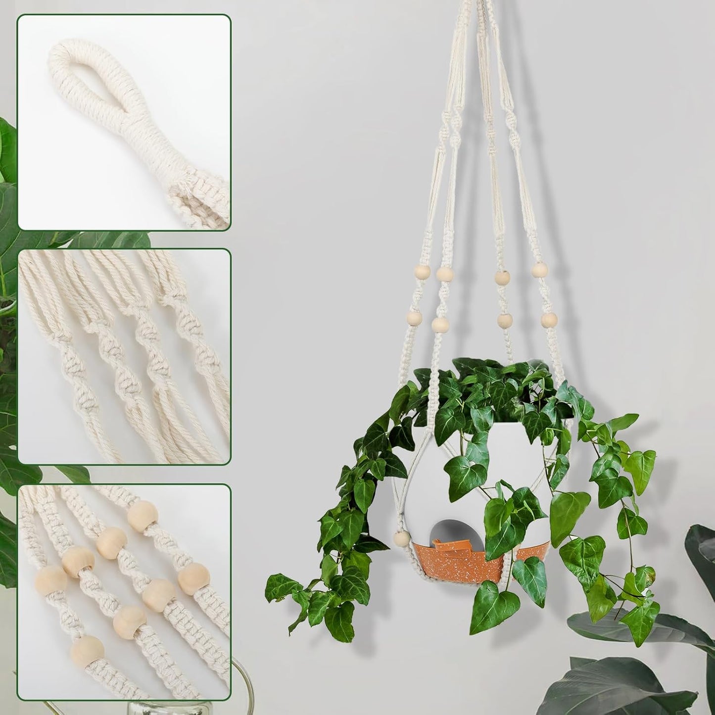 GARDIFE 8 Inch Hanging Planters with Macrame Plant Hanger for Indoor and Outdoor Plants, 2 Pack Large Self Watering Hanging Plant Pot with Basket Flower Pot with Drainage Hole, White