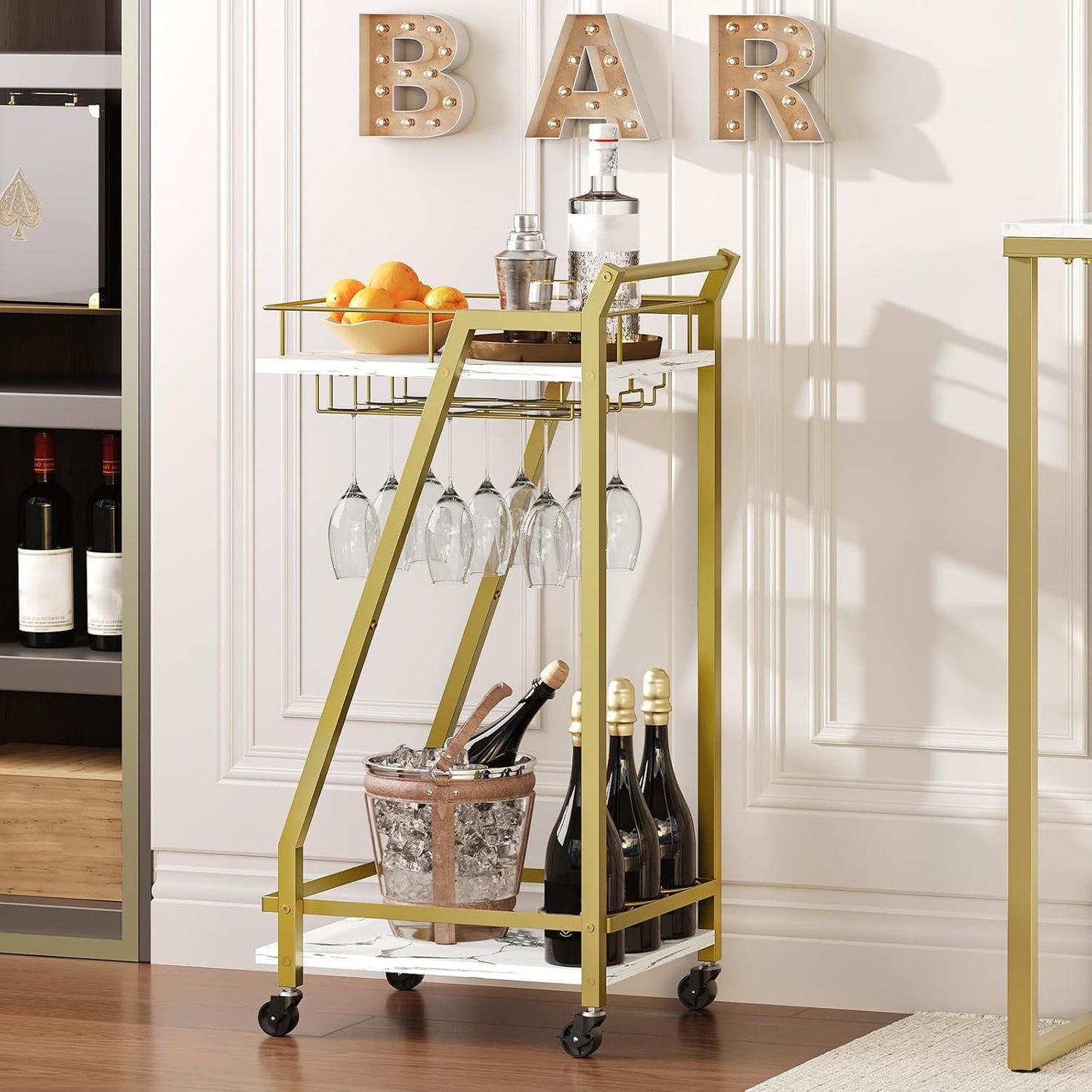 HOOBRO Bar Cart Gold, Home Bar Serving Cart, Kitchen Cart, Rolling Beverage Cart & Wine Rack and Glass Holder 2 Storage Shelves, Cocktail Cart for Home Dining Party, White and Gold DM27TC01