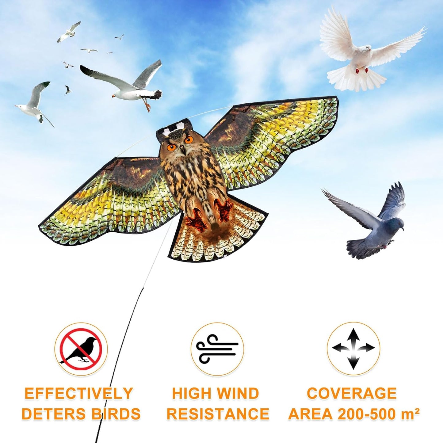 Bird Hawk Flying Kite with Pole Crop Protector Bird Scare Kites with 4m Pole - Owl Kite
