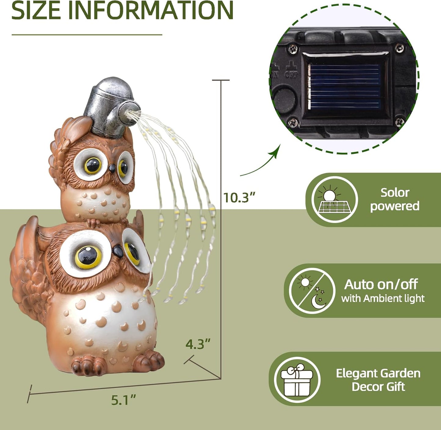 Solar Garden Statues Outdoor Decor, Watering Owl Statue Garden Decor, Resin Yard Decorations Outdoor for Patio, Porch, Balcony, Lawn Ornaments, House Warming Birthday Gifts for Mom Women Grandma