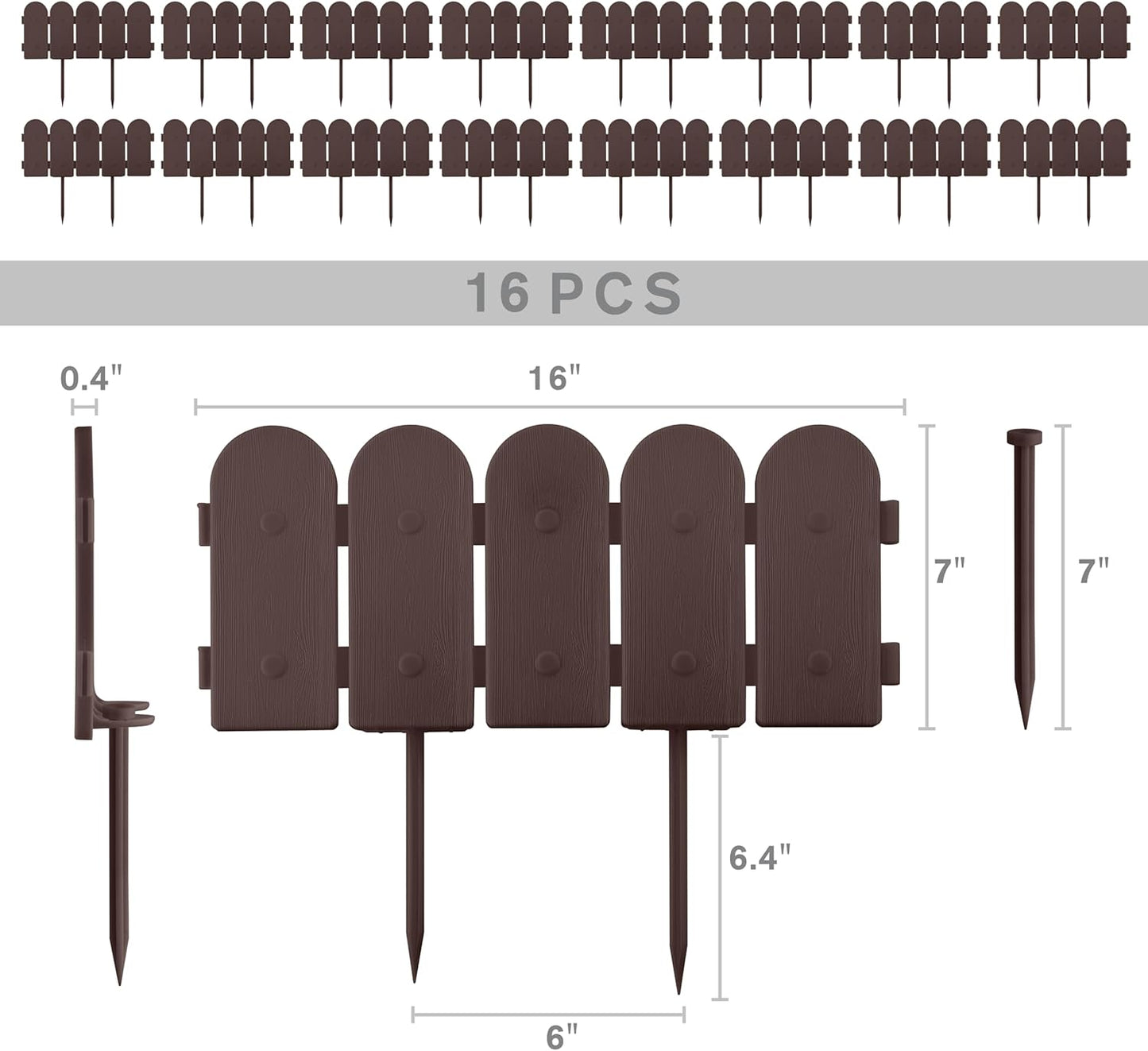 Evelyne Garden Border Plastic Edging: Wooden Fence Design - 16pcs Brown Yard Landscaping Fence Liner Lawn Edge Barrier - 20ft Kit of Decorative Lawn Panels Elements -Landscaping Edging-GMT-10374-A16