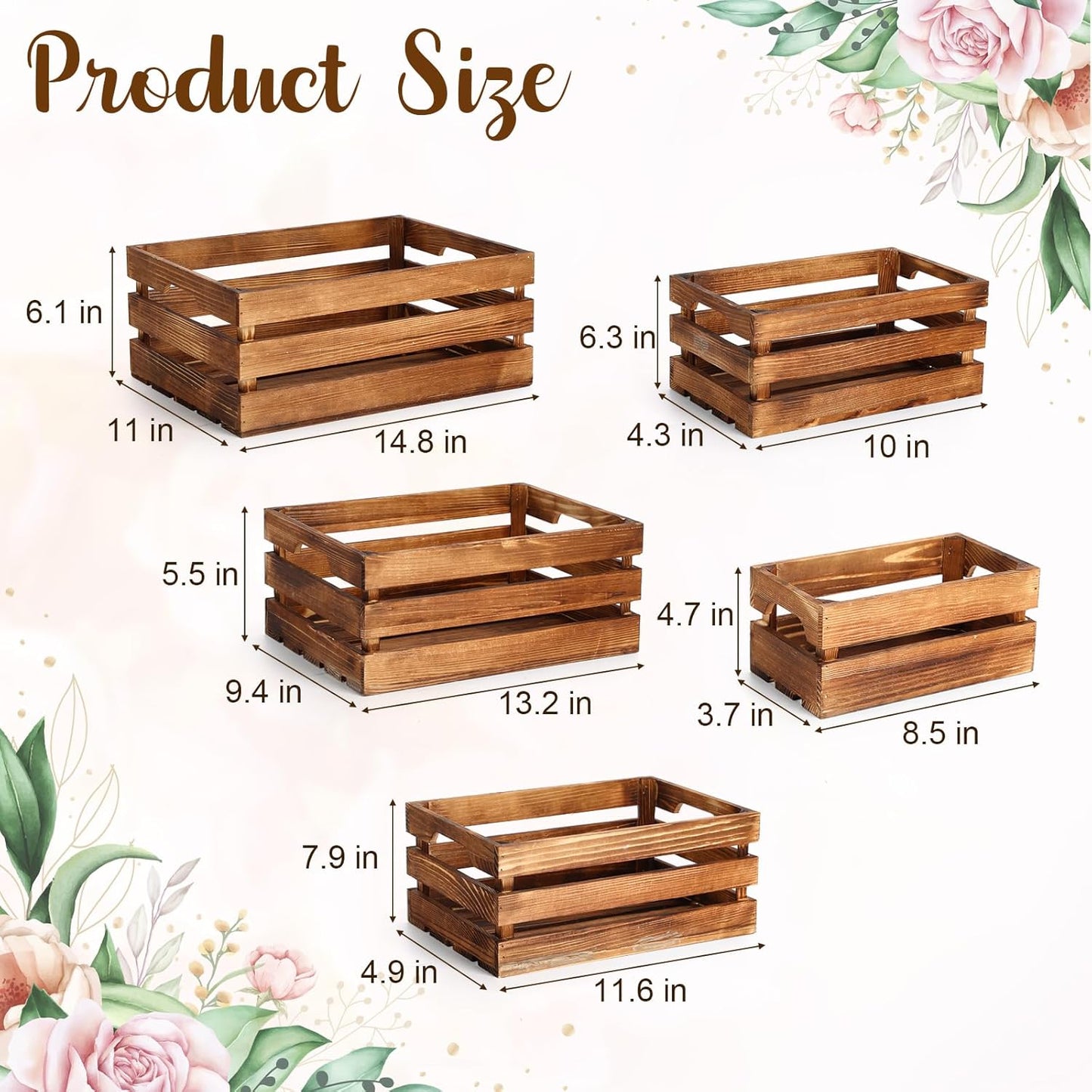 Soaoo 5 Pcs Decorative Nesting Wooden Crates for Storage Display 5 Size Large Small Rustic Wood Decorative Storage Crates with Handle Farmhouse Crate Box Container Made from Pine(Vintage Brown)