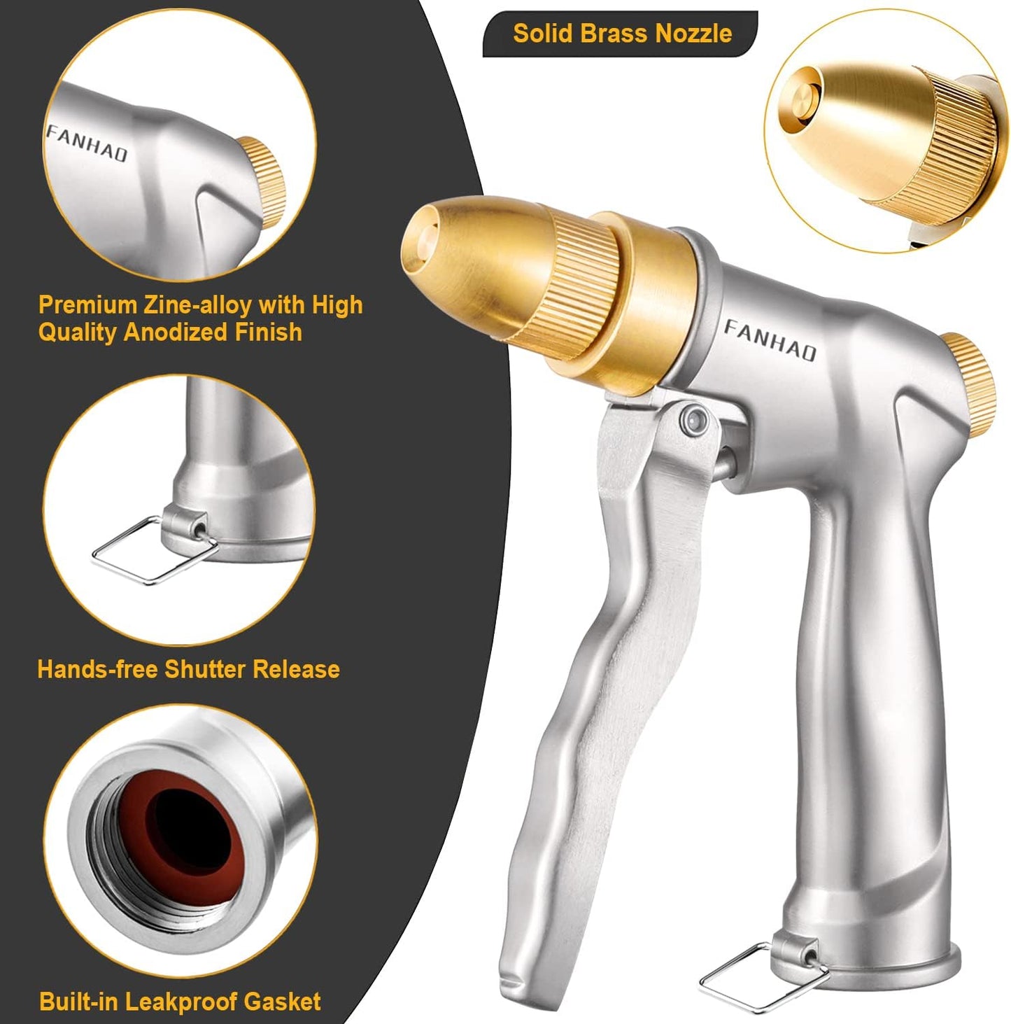 FANHAO Garden Hose Nozzle with Brass Tip, 100% Heavy Duty Metal Spray Nozzle High Pressure Water Nozzle with Adjustable Spray Patterns for Watering Plants, Washing Cars and Showering Pets