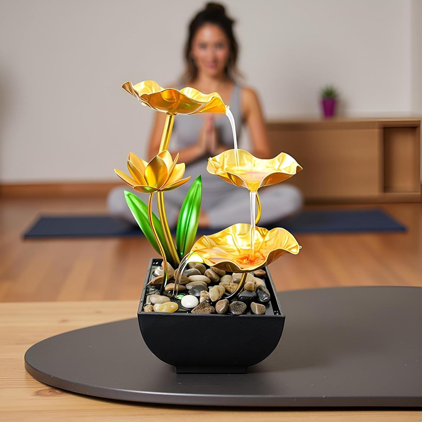 Gold Tabletop Water Fountain, Desktop Waterfall, Indoor Lotus Desktop Decorative Fountain, Home Bathroom Bedroom Decor.