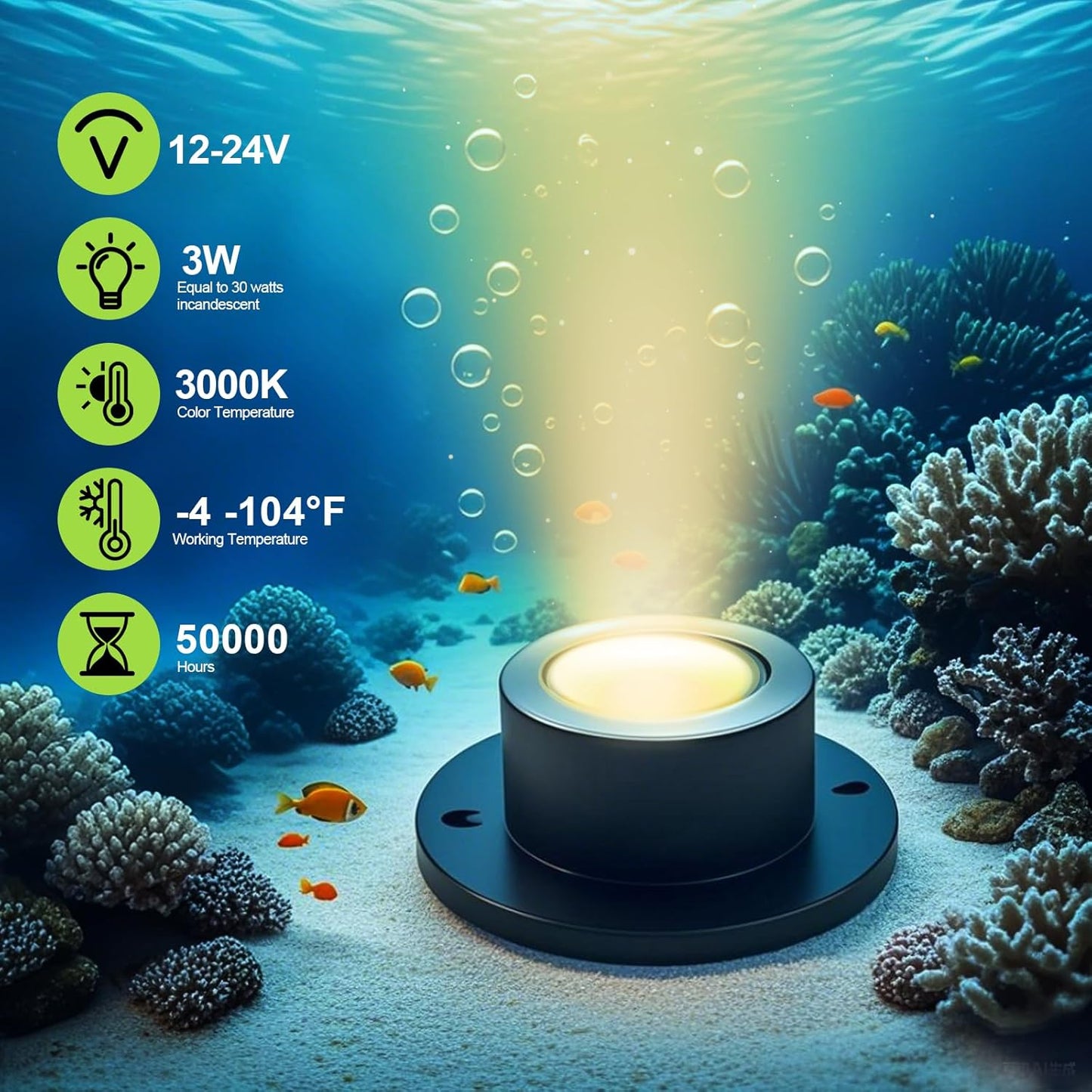 SMY Lighting 3W LED Pond Lights 12-24V AC/DC Low Voltage Underwater Fountain Lights 3000K Warm White IP68 Waterproof for Outdoor Ponds Fountains Waterfalls, 2 Pack