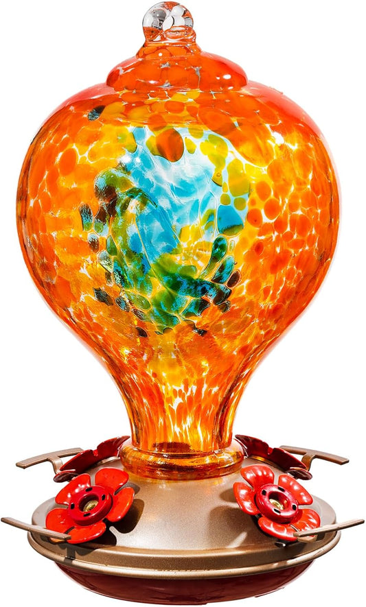 Hummingbird Feeders for Outdoors Hanging, 32OZ Hand Blown Glass Hummingbird Feeder for Outside, 4 Perch Ant Moat Leakproof, Garden Decor, Backyard Bird Gifts for Mom (Orange)