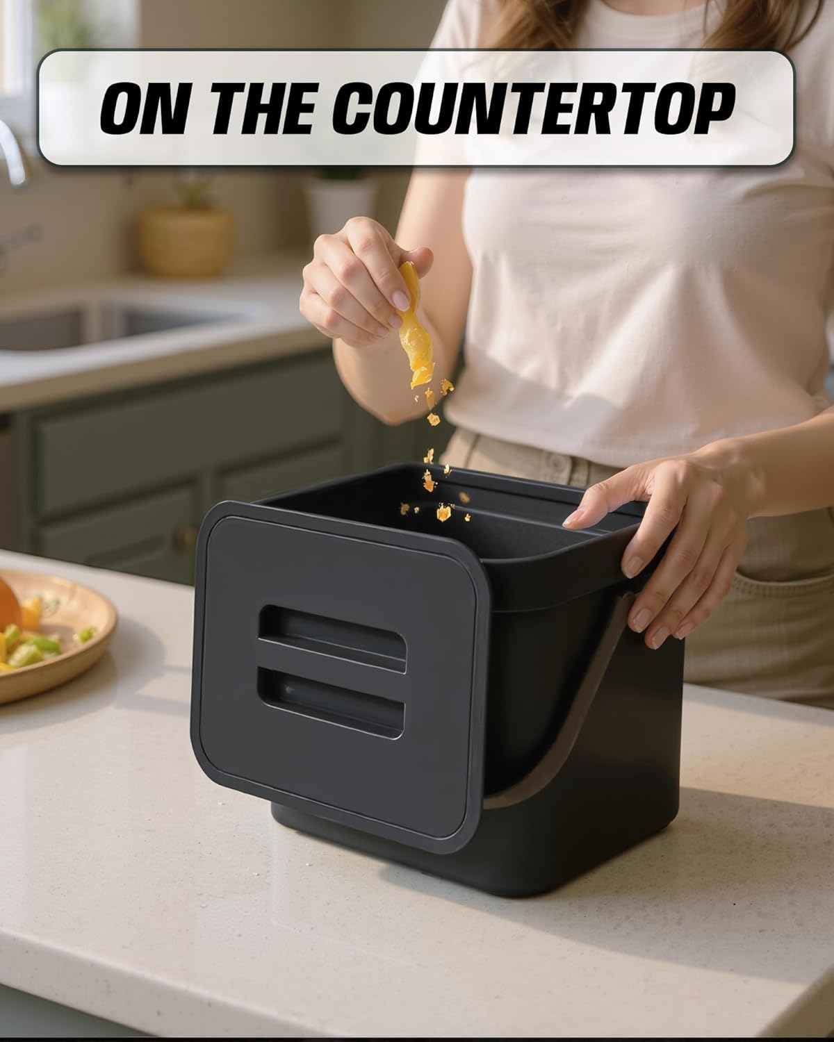 Countertop Compost Bin Kitchen, 1.8 Gallons Hanging Trash Can with Lid for Kitchen Cabinet Door, Under Sink, Wall Mounted Waste Bin for Bathroom, 7L(Black)