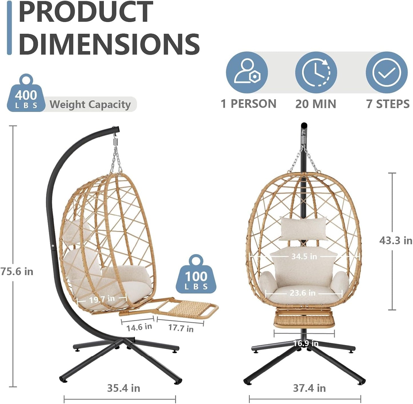 SWITTE Hanging Egg Chair with Stand, Outdoor Swing Egg Chair with Footrest, Patio Hammock Chair with Cushion for Garden Backyard-Cream