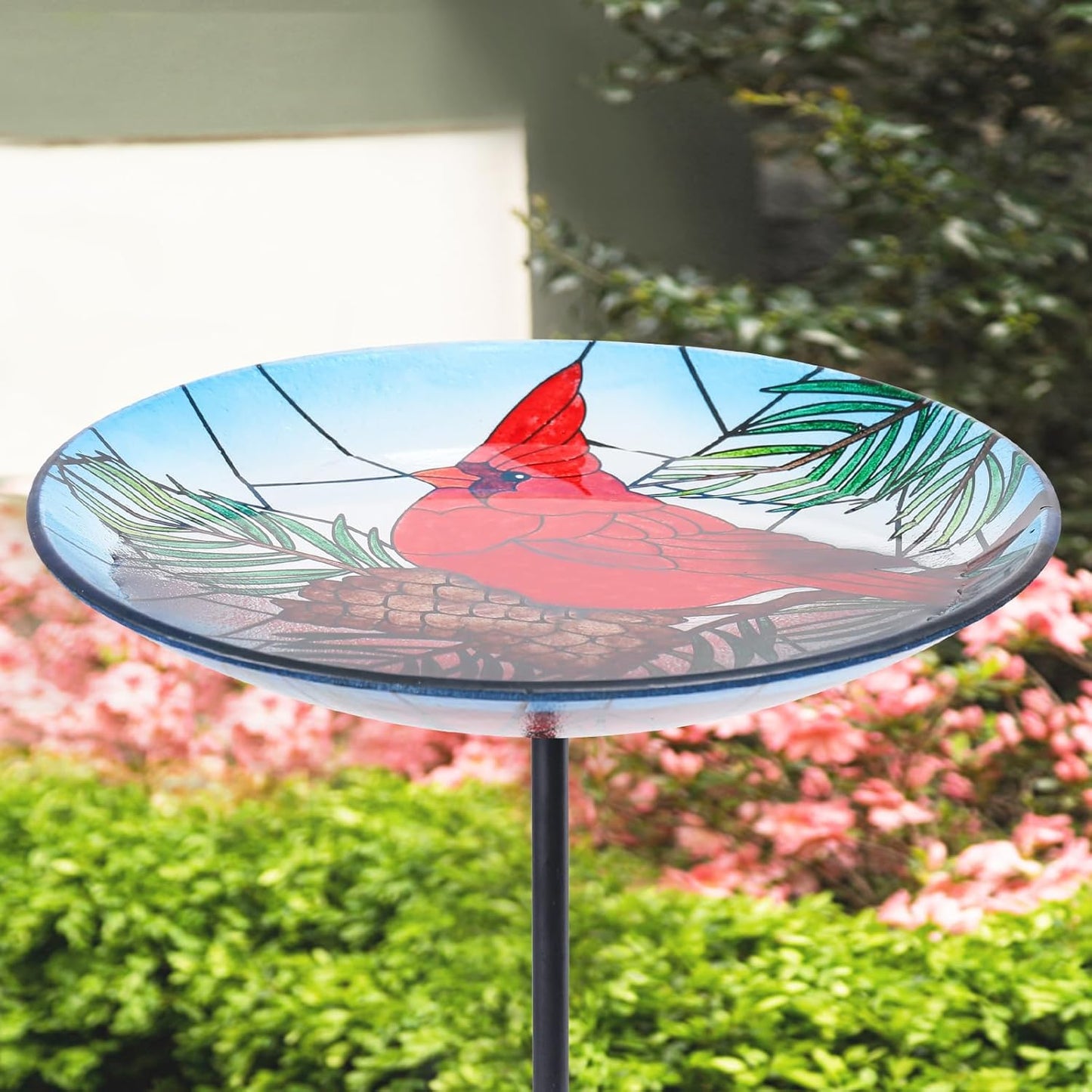 MUMTOP Glass Bird Bath, Garden Outdoor Birdbaths Birdfeeder with Metal Stake Red Cardinal