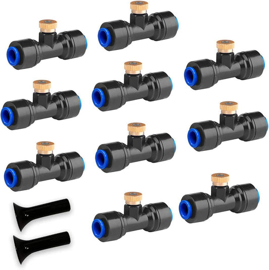 HOMENOTE 10 Pack Brass Misting Nozzles for Outdoor Cooling System, Mister Replacement Nozzles Tee and Plugs for 1/4" Tubing