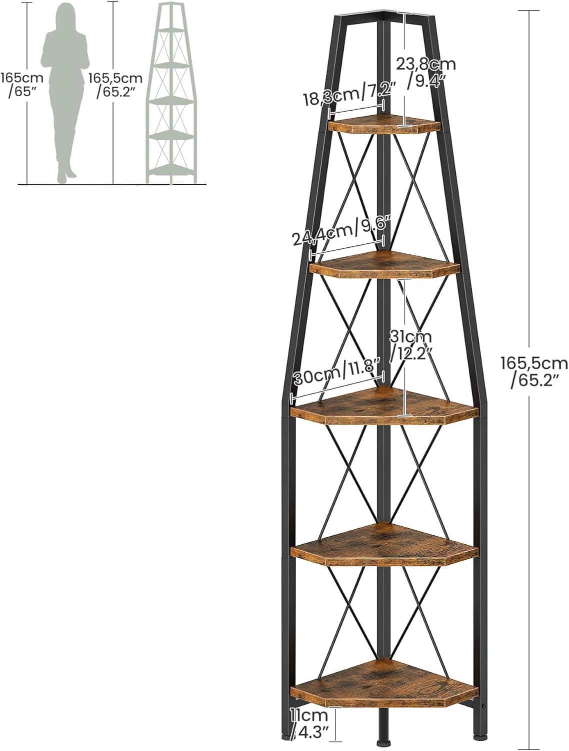 5-Tier Corner Shelf, Corner Bookshelf, Ladder Shelf, Floor Standing Storage Rack, Open Display Stand, Plant Stand, for Living Room, Bedroom, Study, Bathroom, Rustic Brown and Black TCJ22BF