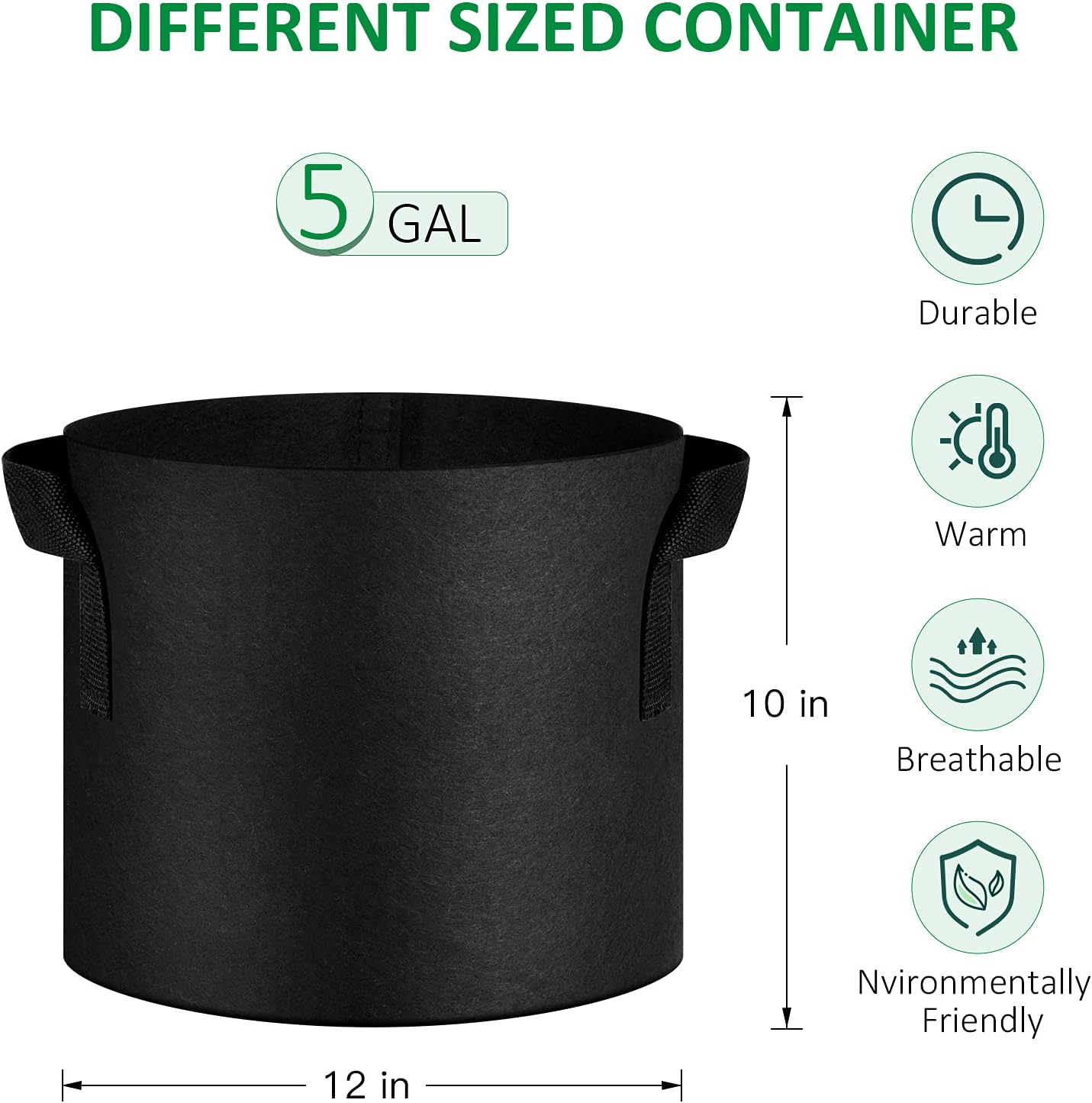 12-Pack 5 Gallon Thickened Non-Woven Grow Bags, Aeration Fabric Pots with Handles