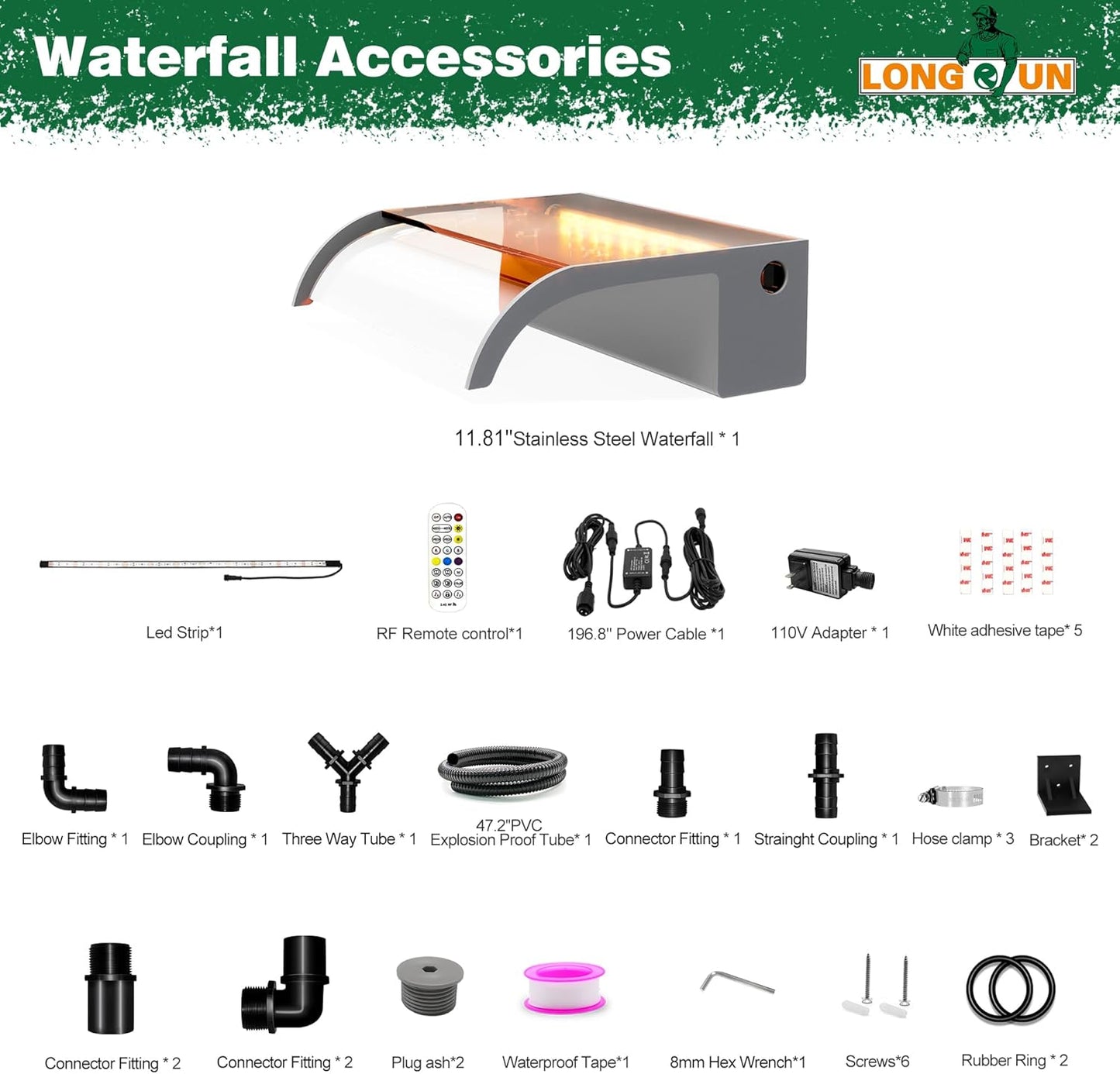 Waterfall Pool Fountain, LONGRUN Acrylic Waterfall Spillway for Pools and Ponds - 11.8" Wide Decorative Water Feature for Swimming Pools, Koi Ponds, and Garden