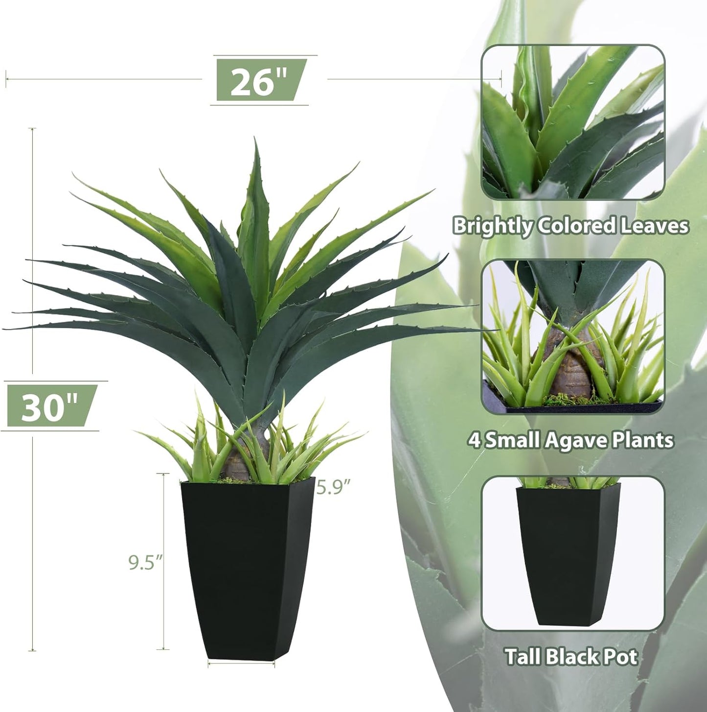 Artificial Spiked Agave Plant 2.5ft, 30 Inch Tall Fake Aloe Vera Plants in Black Pot, Fake Floor Plant Indoor Outdoor for Front Porch Patio Home Office Door Step Decor 2PCS