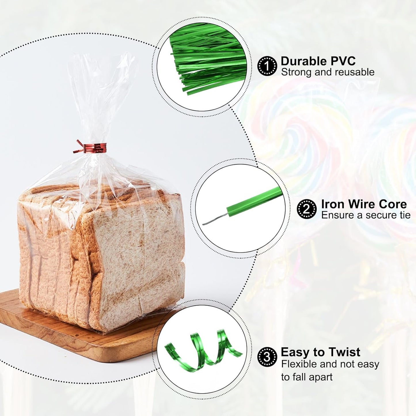 HARFINGTON 800pcs Bag Twist Ties 4" Reusable Plastic Metallic Twist Ties Wire Cable Ties for Party Bread Candy Cake, Green