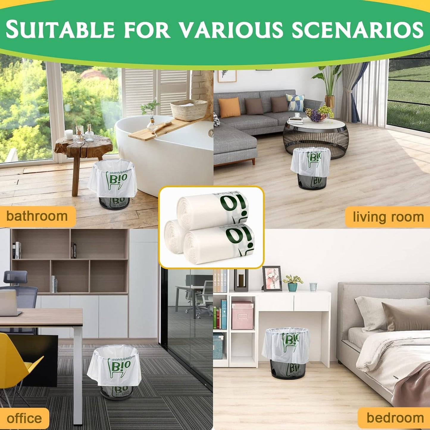 8 Gallon Compostable Trash Bags, 100 Count Flat-Top Trash Bags Biodegradable, Medium Small Food Scrap Waste Bags for Kitchen Bathroom Office Car, Extra Thick Compost Bags White