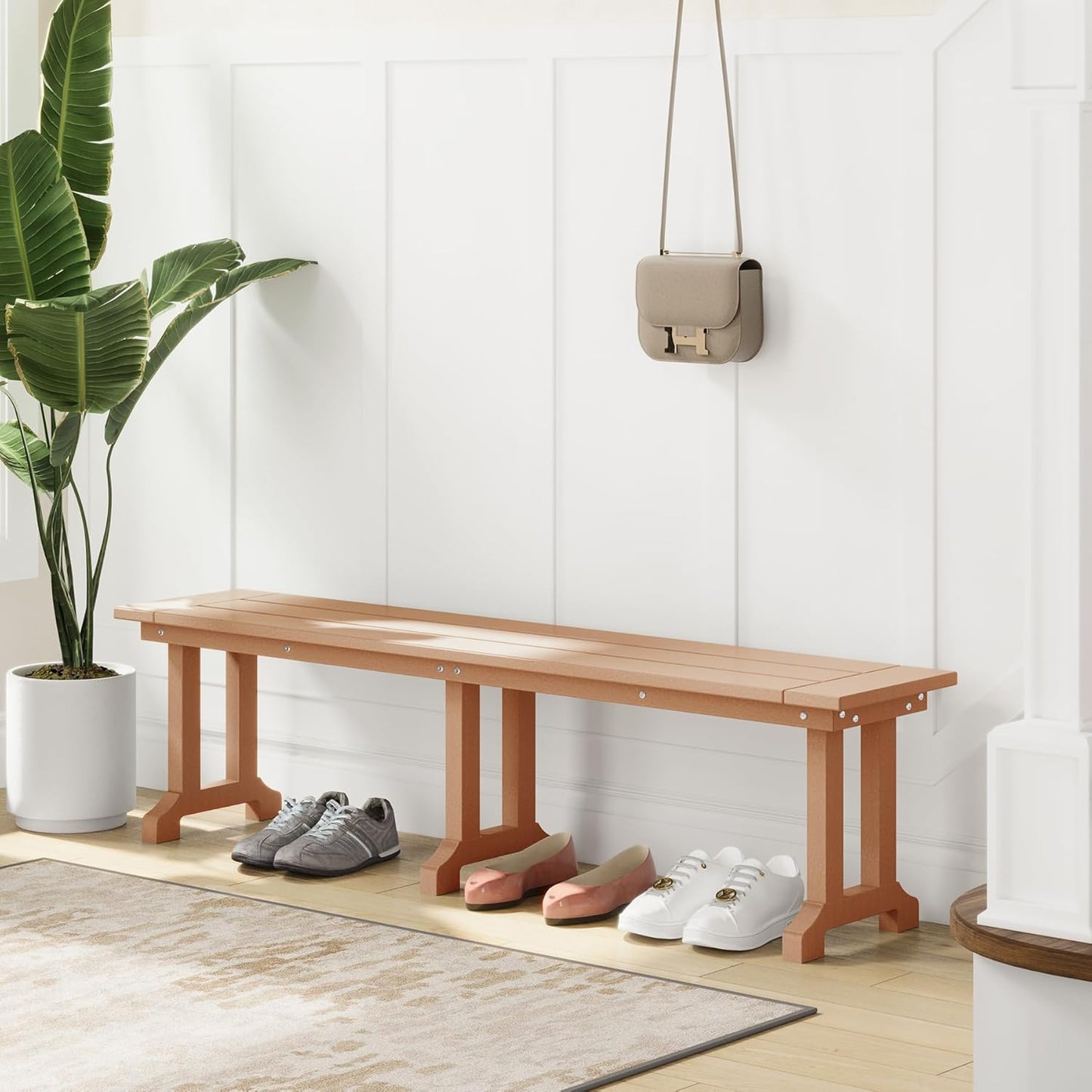 Outdoor Benches Weatherproof, Park Long Bench Poly Lumber Backless for Entryway Front Porch Garden Bench Seat for Patio, Teak