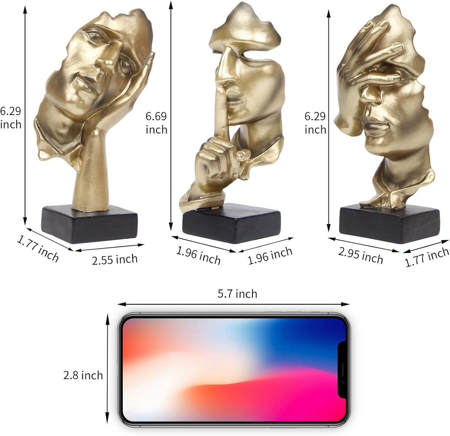 3 Pcs Thinker Statue, Silence is Gold Abstract Art Figurine, No Hear No See No Speak Modern Home Resin Sculptures Decorative Objects Decor for Home Office Bookshelf Desktop(Gold), A-41