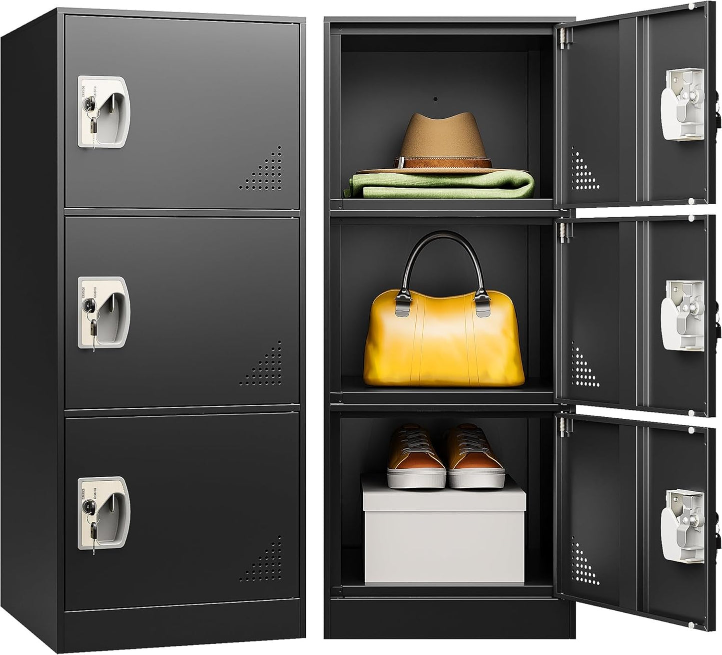 SISESOL 3 Door Metal Locker Storage Cabinet with Doors and Shelves,Black Metal Lockers with,Lockable Locker Storage Cabinet for Employees,School, Office, Home, Gym,17.8" D x 15" W x 36.5" H