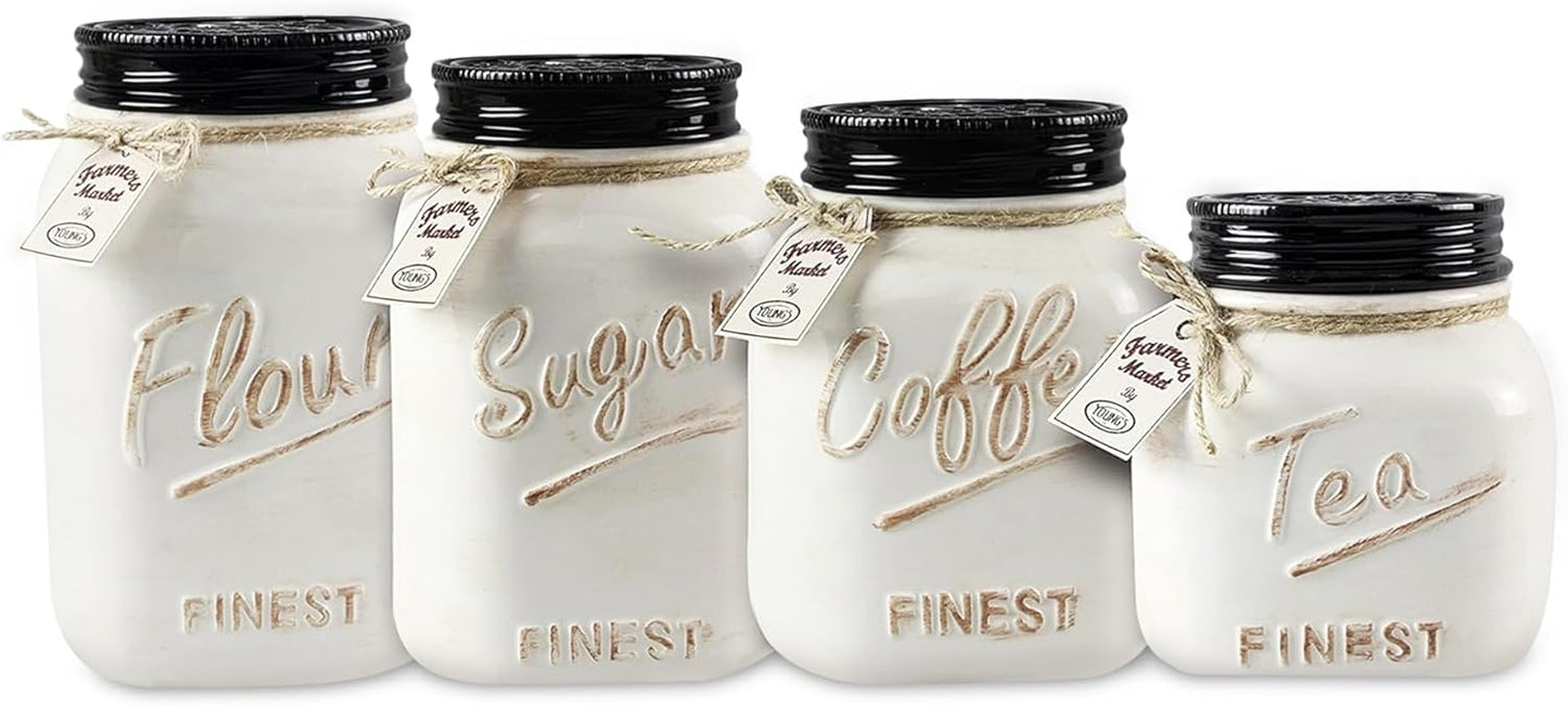 Young's 4 Piece Ceramic Canisters Sets for Kitchen, Country Style Ceramic Containers for Flour, Sugar, Tea and Coffee, Storage Containers with Lids 10.75"