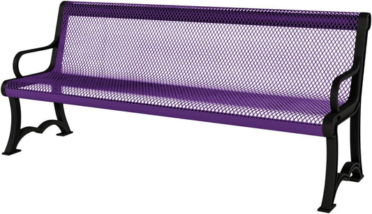 Coated Outdoor Furniture Heavy-Duty Outdoor Bench Thermoplastic Coated, Expanded Metal, Commercial-Grade Garden Bench, Made in America (Portable with Back, 4 Ft, Purple)