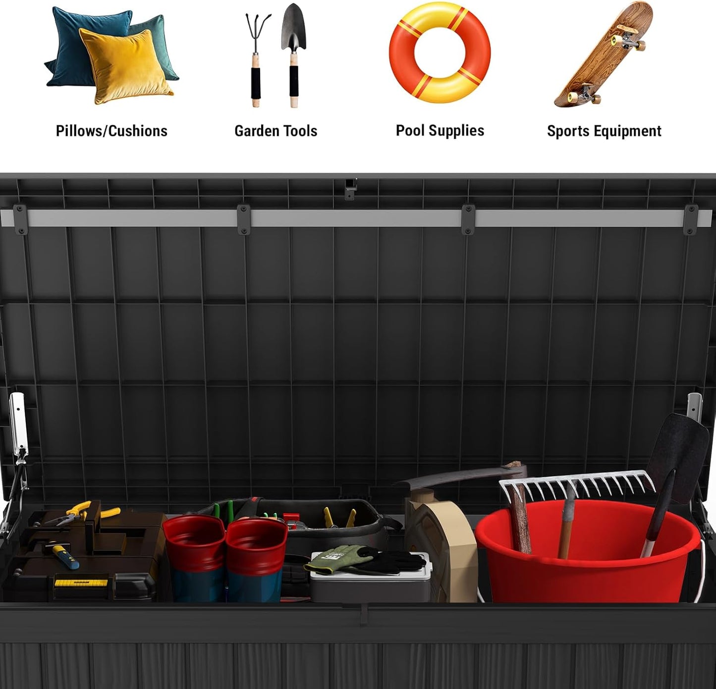 Mars Villa 150 Gallon Outdoor Storage Box, Large Resin Deck Box Waterproof, for Pool Supplies Storage, Outdoor Patio Furniture Cushions, with Hydraulic Hinge, UV-Resistant and Weatherproof, Black