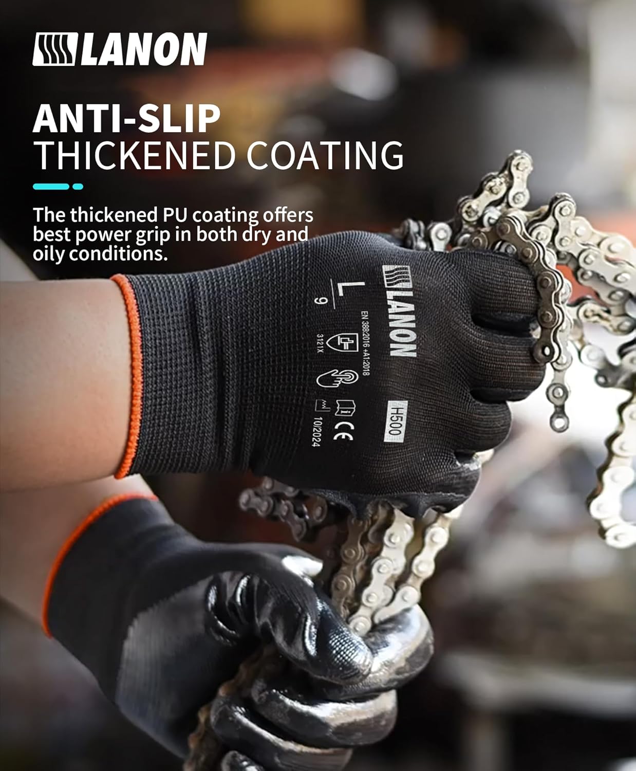 LANON 12 Pairs Safety Work Gloves, Mechanic Working Gloves for Men, PU Coated, Seamless Knit, Lightweight, Black, XL