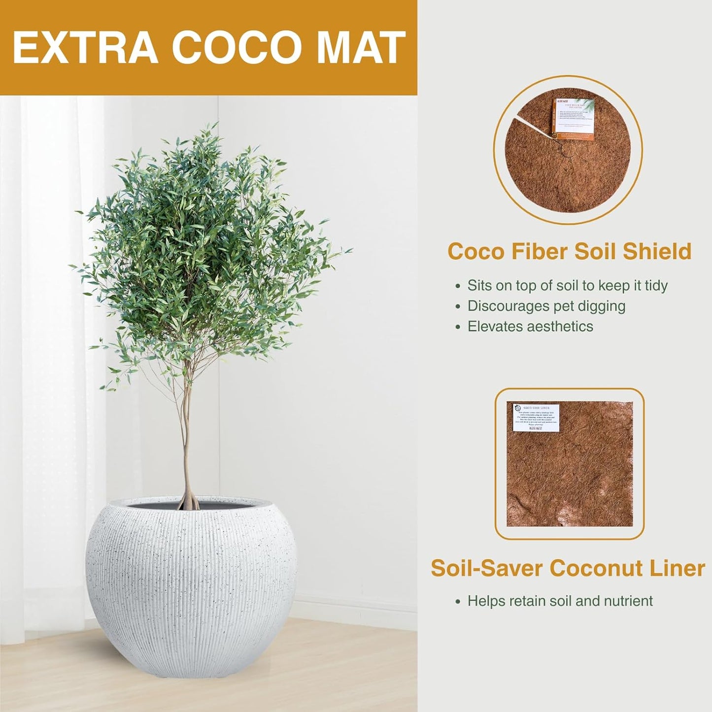 12.8"H x 16"D Globo Fiberstone Round Planter with Drainage Hole, Weather Resistant, Ribbed Finish, Planters for Indoor Plants & Outdoor, 2 Extra Coco Mats (Speckled White, 10.7" Pot Opening)